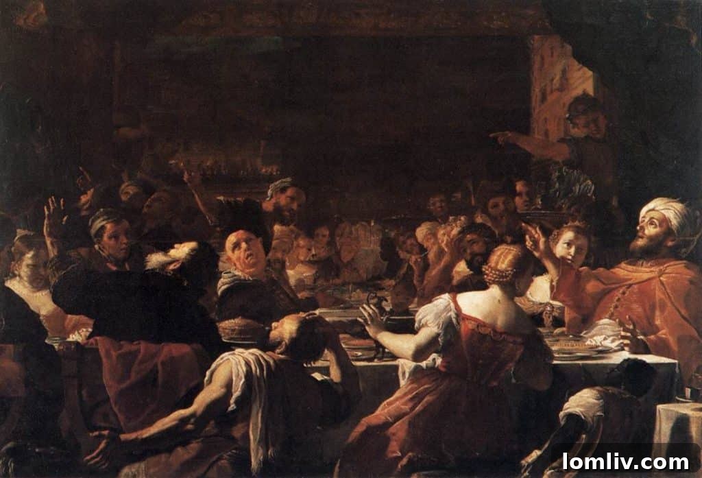 Mattia Preti's monumental 'The Feast of Belshazzar,' a dramatic depiction of biblical excess and Baroque opulence from 1665.