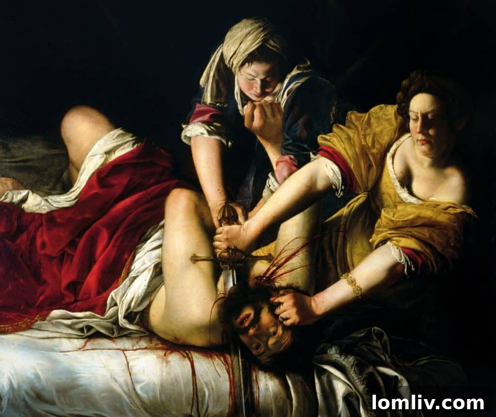 Artemisia Gentileschi's 'Judith and Holofernes,' a powerful and visceral Baroque painting showcasing female strength and dramatic realism.
