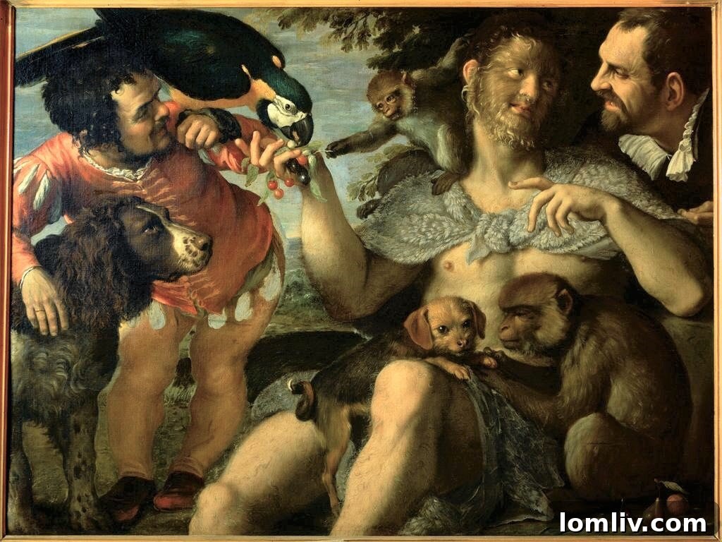 Agostino Carracci's 'Hairy Harry, Mad Peter and Tiny Amon,' a curious Baroque painting depicting courtly 'curiosities' with a menagerie of animals.