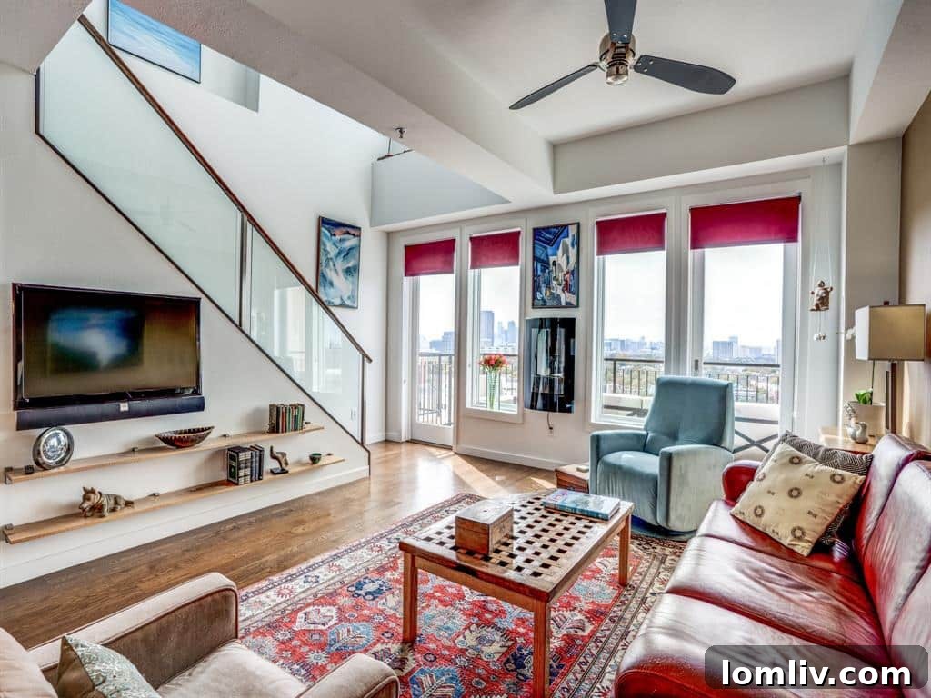 Split-level condo with distinct living and working areas, ideal for remote work