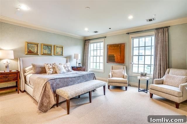 Luxurious master bathroom with double vanities, separate tub, and shower