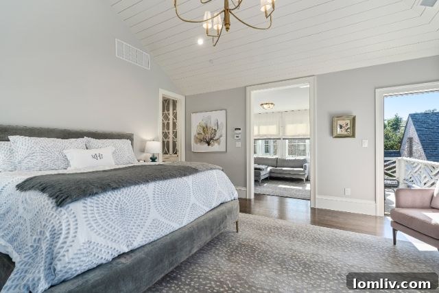 Belclaire's Radiant French Charm 13 Vaulted Ceilings in Primary Bedroom with Balcony Overlooking Backyard and Pool