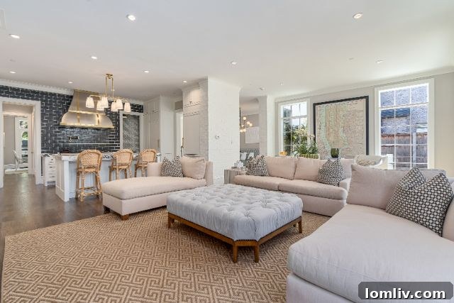 Belclaire's Radiant French Charm 9 Open Concept Living Room with Fireplace and Pool Views at 4536 Belclaire Avenue