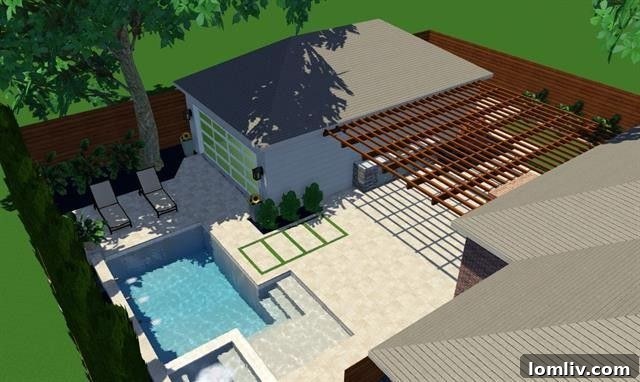 Overhead 3D rendering showing a sophisticated pool design with integrated spa and patio space.