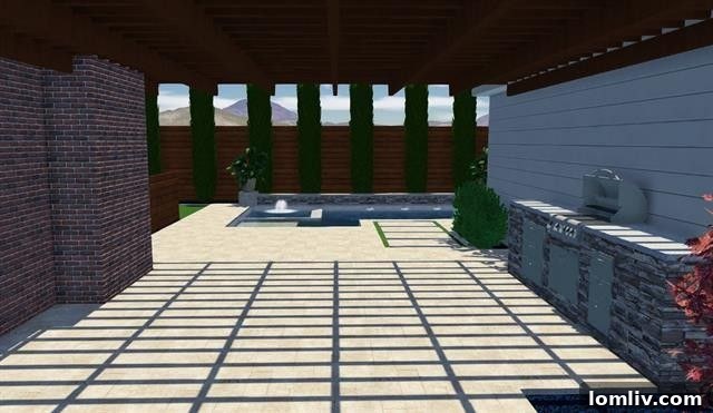 Detailed 3D rendering showcasing the backyard pool, lounge chairs, and lush landscaping for a private oasis.