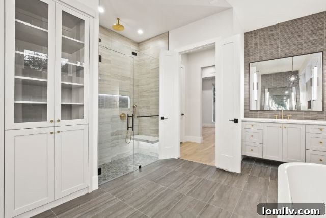 Stylish home office or study space with custom shelving and ample light