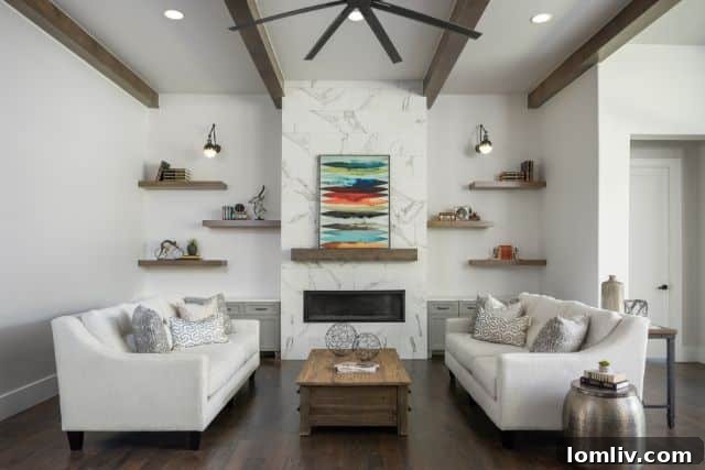 Spacious living area featuring a modern fireplace and natural light in a custom home