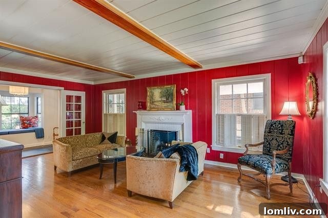 Detail of living room fireplace and windows