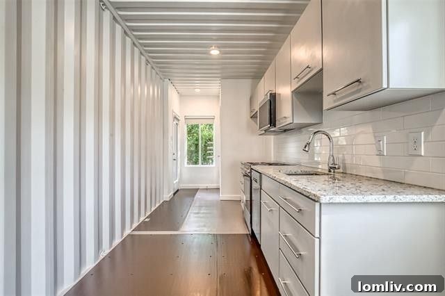 Spacious open-plan interior of the Dallas container home