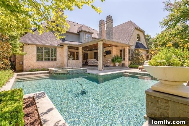 Sparkling swimming pool situated alongside the house