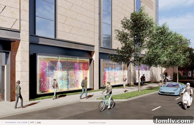 Fairmount Street with widened sidewalks and stone cladding at 2401 McKinney