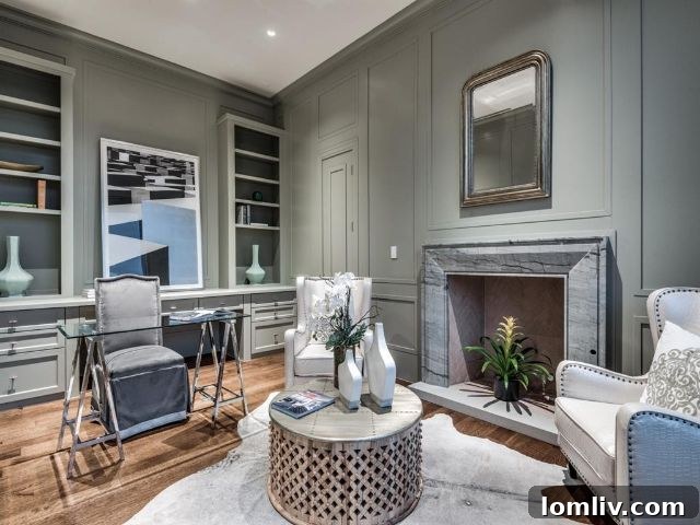 The Stoneleigh Residences: The Zenith of Sky-High Opulence 7 Study with Storm Gray infinity quartzite fireplace in Stoneleigh