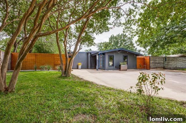 A vibrant Midcentury Modern home exterior, showcasing clean lines and a welcoming aesthetic.