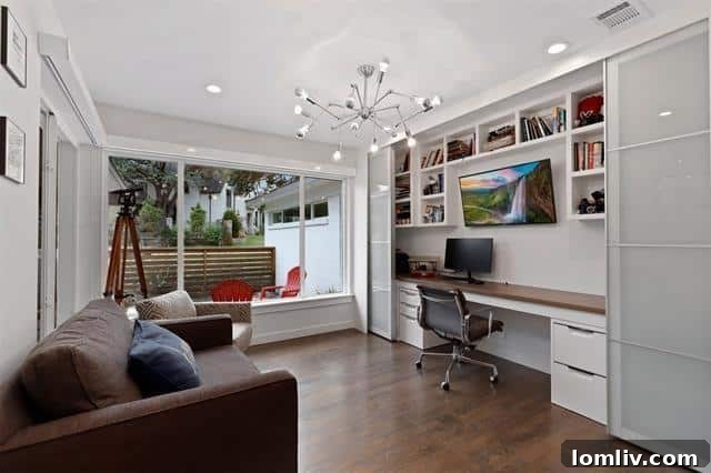 A pristine Midcentury Modern kitchen with stainless steel appliances and ample counter space.