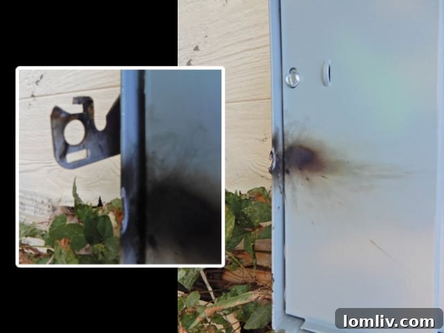 Evidence of past fire damage in an attic, showing charred wooden beams and scorched insulation.