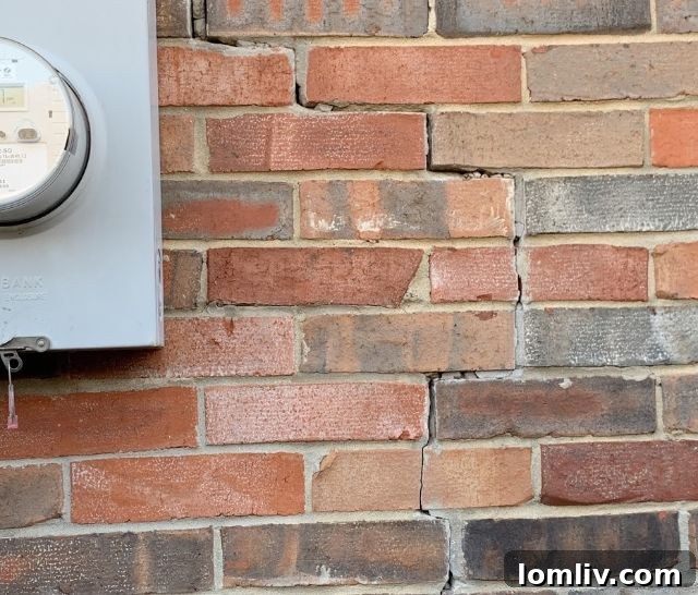 A prominent, severe deflection crack running through a concrete foundation or wall, indicating significant structural movement.