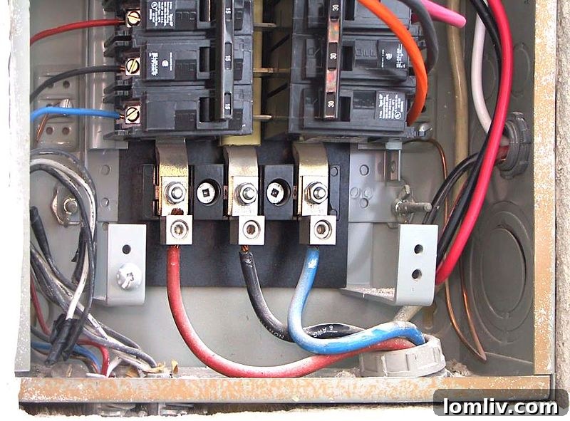 Interior view of a modern electrical breaker panel, showing neatly arranged breakers and wiring.