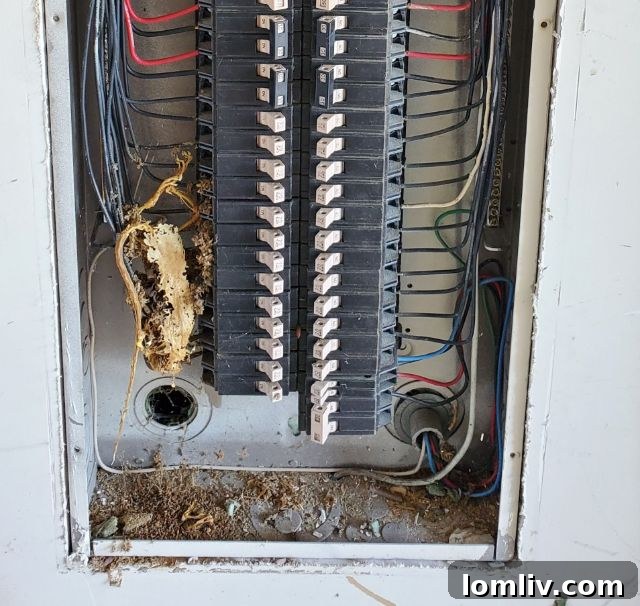 Remains of a deceased lizard inside an electrical panel box, highlighting pest entry.