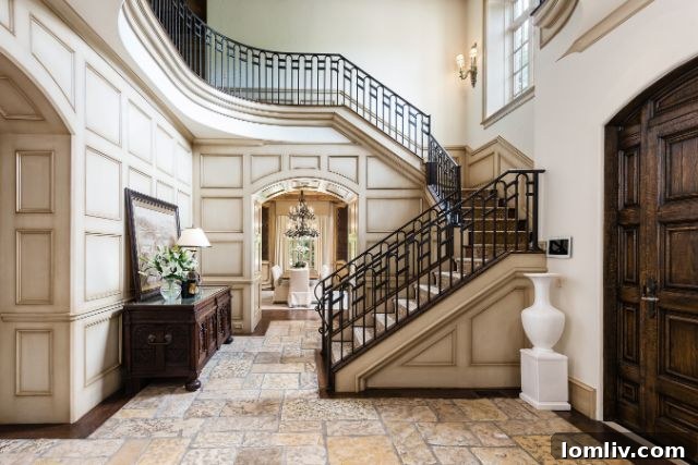 Elegant entryway foyer with high ceilings and intricate millwork in a Dallas luxury home.