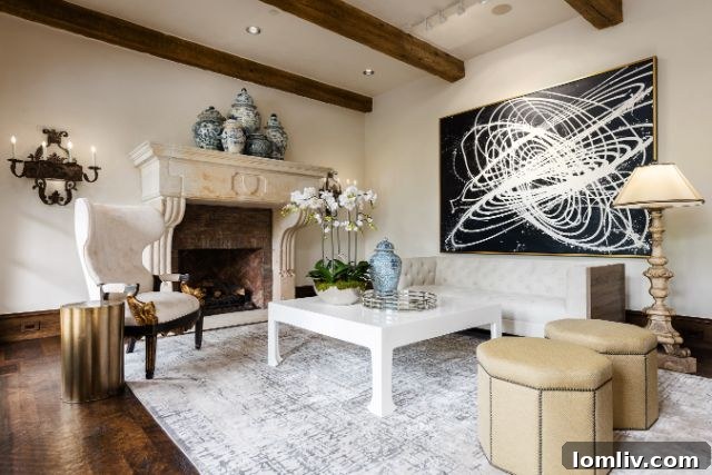 Spacious living room with designer furnishings and a large fireplace in a Preston Hollow mansion.