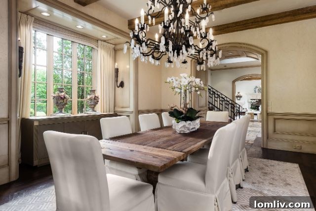 Luxurious dining room with crystal chandelier and ornate details, ideal for entertaining in a high-end estate.