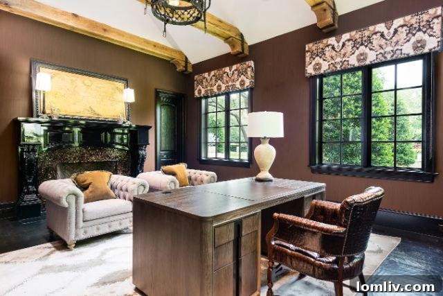 Opulent home office or grand study with dark wood paneling and a large desk, perfect for working from home.