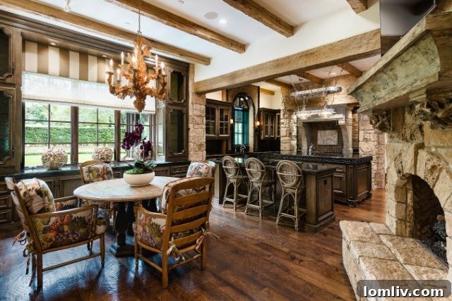 Expansive covered outdoor patio with a dining area, seating, and a large fireplace, offering an outdoor living experience.