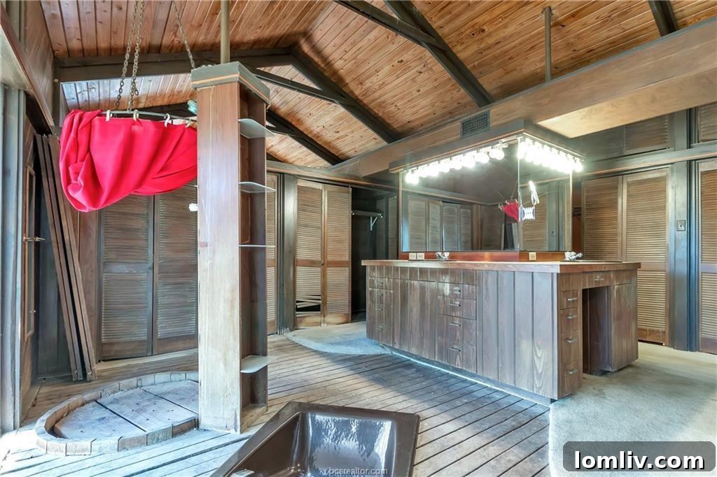 Conversation Pits The Second Chapter 7 Circular shower in a bathroom with unfinished walls, showcasing a unique design feature needing renovation.