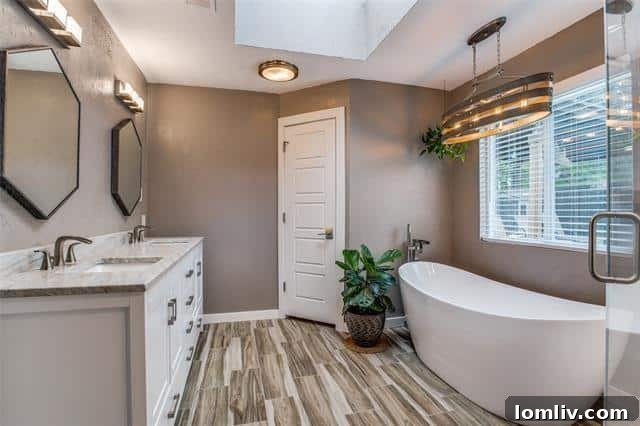 Far North Dallas Digs Where Every Angle Clicks 10 Luxurious master bathroom with a freestanding tub and modern fixtures