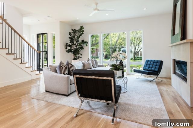 Open-concept living room with modern fireplace in Highland Park duplex