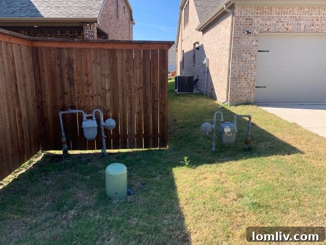 Home's gas meter located behind the house, illustrating a common installation oversight.