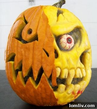 A humorous pumpkin decorated with a wig and glasses, giving it a quirky personality