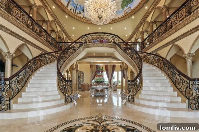 Opulent grand foyer with double staircases in the Plano luxury home