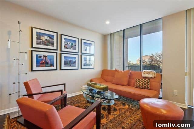 Spacious Living Room with Electric Fireplace in High-Rise Condo
