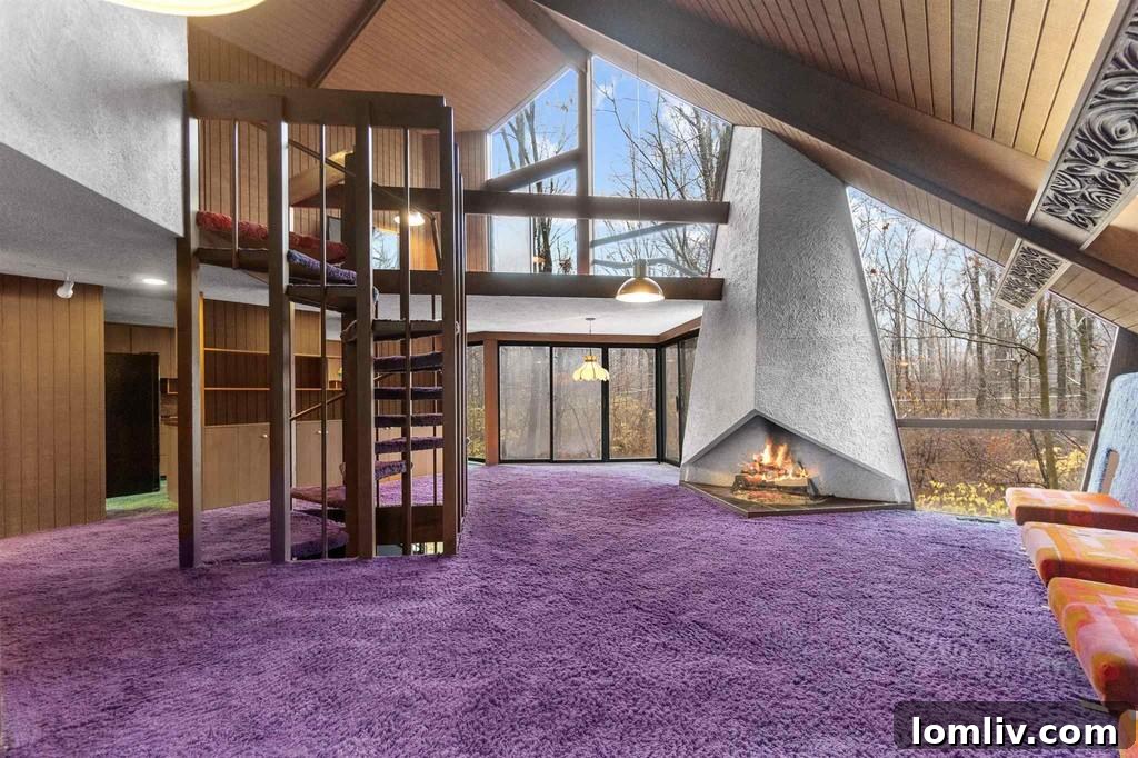 Vast purple carpeted living area in the 1975 Fort Wayne architectural home