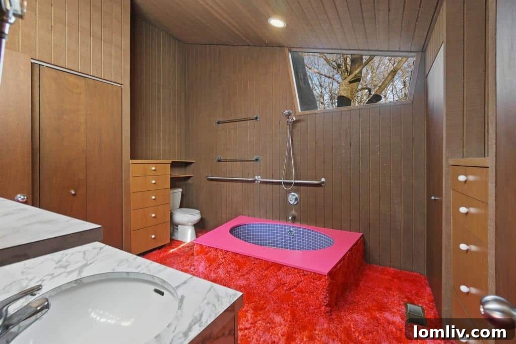 The unique kitchen with purple carpet and original 1970s fixtures