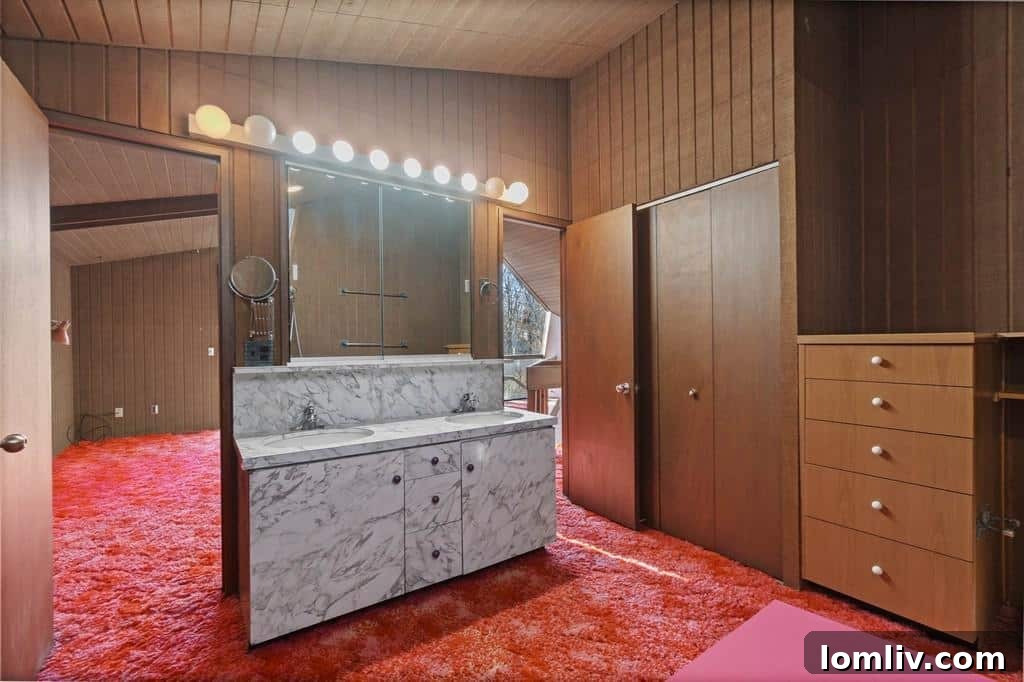 Interior view showcasing the extensive use of purple carpeting and unique ceiling design