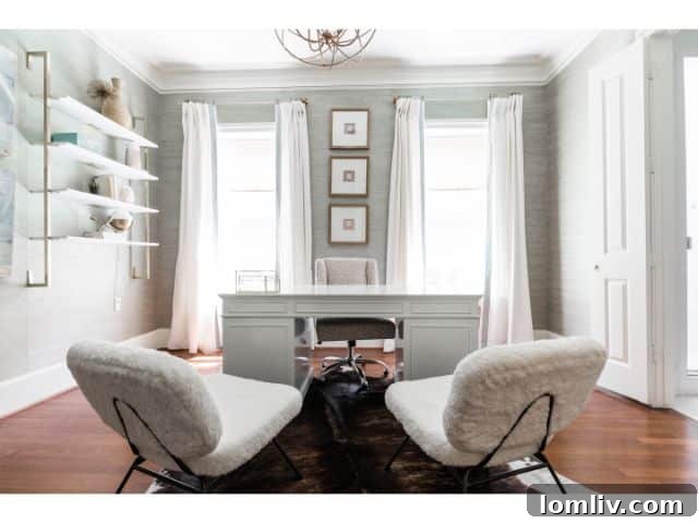 Elegant home office setup within a bright guest bedroom, featuring a well-appointed wooden desk and comfortable seating, illustrating a dual-purpose room