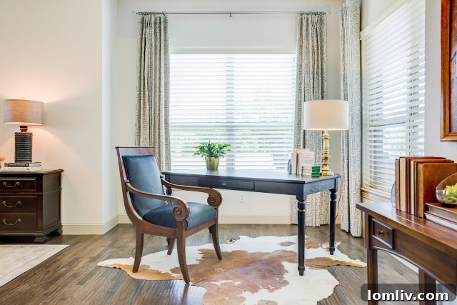 Stylish home office with built-in bookshelves and discreet storage solutions, featuring neatly organized books and decorative items