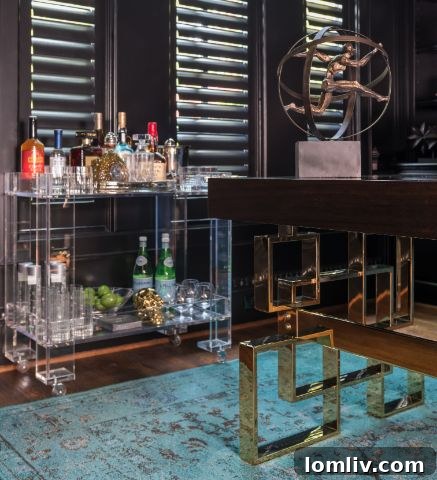 Stylish home office with warm, inviting lighting and a rustic bar cart stocked with refreshments, adding a touch of personality and convenience