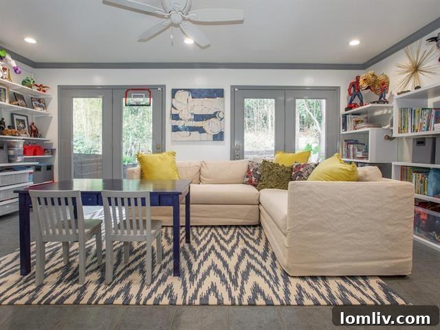 Elegant living room with vaulted ceilings, exposed beams, and ample natural light