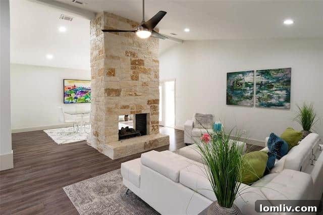 Spacious living area in a Dallas ranch home with a dramatic double-sided fireplace.