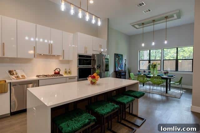 Modern gourmet kitchen with quartz waterfall island and brass accents