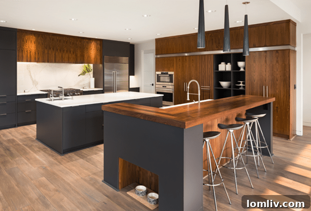 Modern kitchen featuring two distinct islands, highlighting the trend of double islands