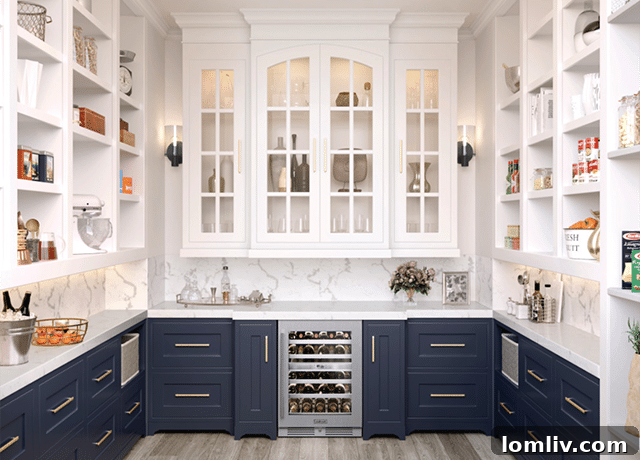 Working pantry room with built-in shelves, appliances, and a sink