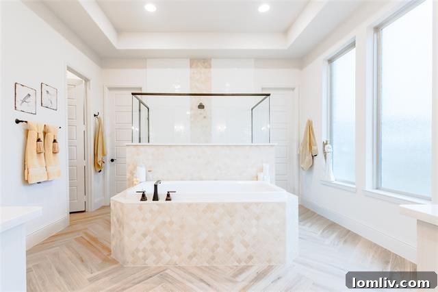 Luxurious master bathroom with soaking tub and double vanity