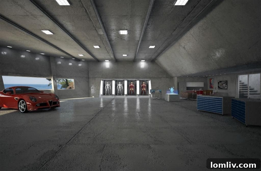 A pristine, modern garage showcasing luxury cars on a polished epoxy floor, with immaculate organization.