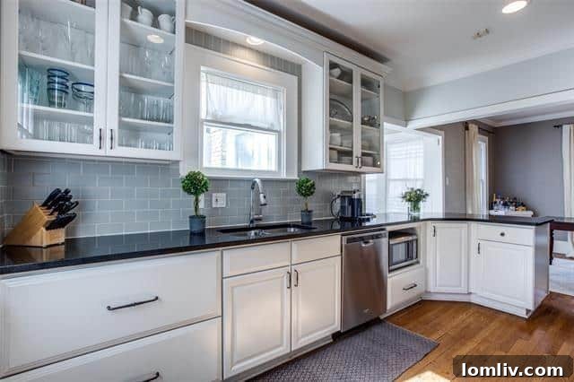 Gourmet kitchen with black granite and white cabinets in Dallas home