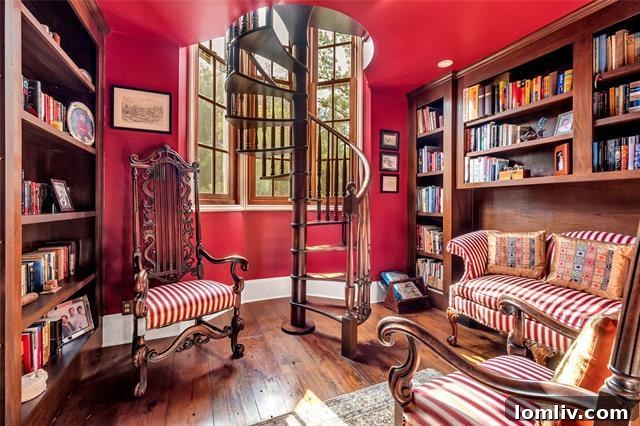 Two-Story Library with Spiral Staircase in Luxury Home