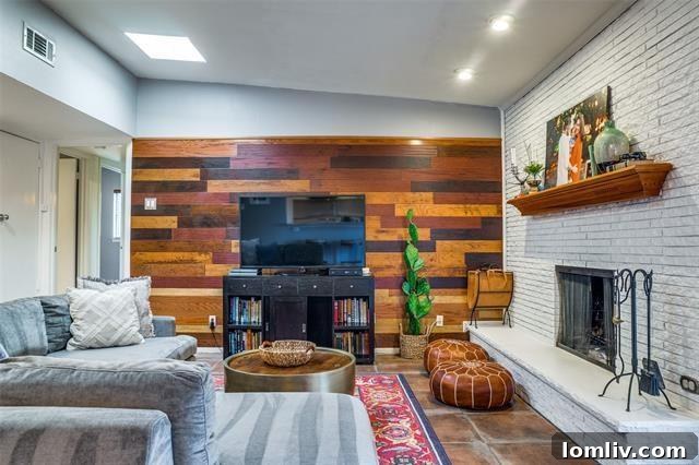 Cozy Brick Fireplace with Exposed Wood Wall